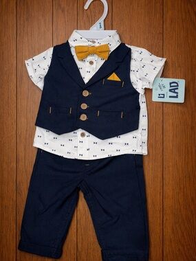 Little Lad Baby Suit Set 3-6M Navy Vest Outfit Bow Tie Formal Wedding NWT